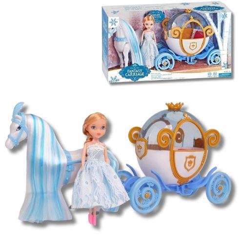 Set Caballo Carruaje Con Muñeca con diseño infantil ideal para juego de roles